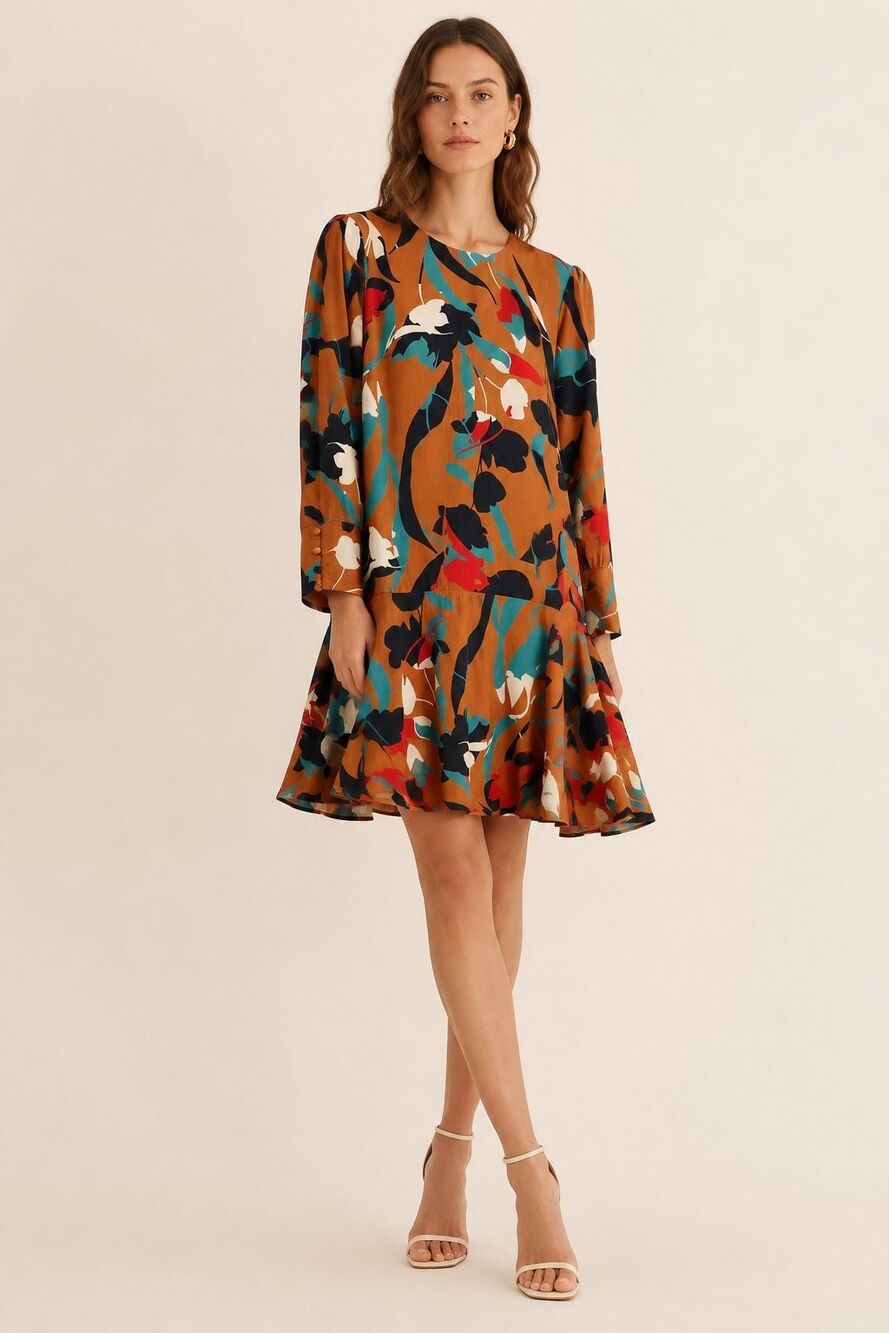 CHRISTY LYNN Silk Floral Dress Size Medium Drop Waist Luxury Brown Red Teal